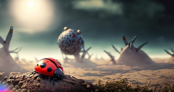 ladybug alone in a dystopian landscape