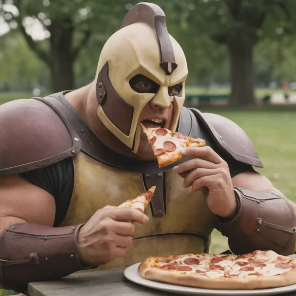 Marvels Juggernaut eating a pizza slice in the park.webp
