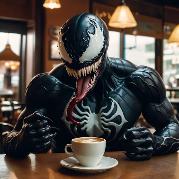 Marvels Venom having coffee in a cafe.webp